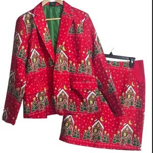 Ugly Christmas Blazer & Skirt Set Size Large Gingerbread House Tree Novelty